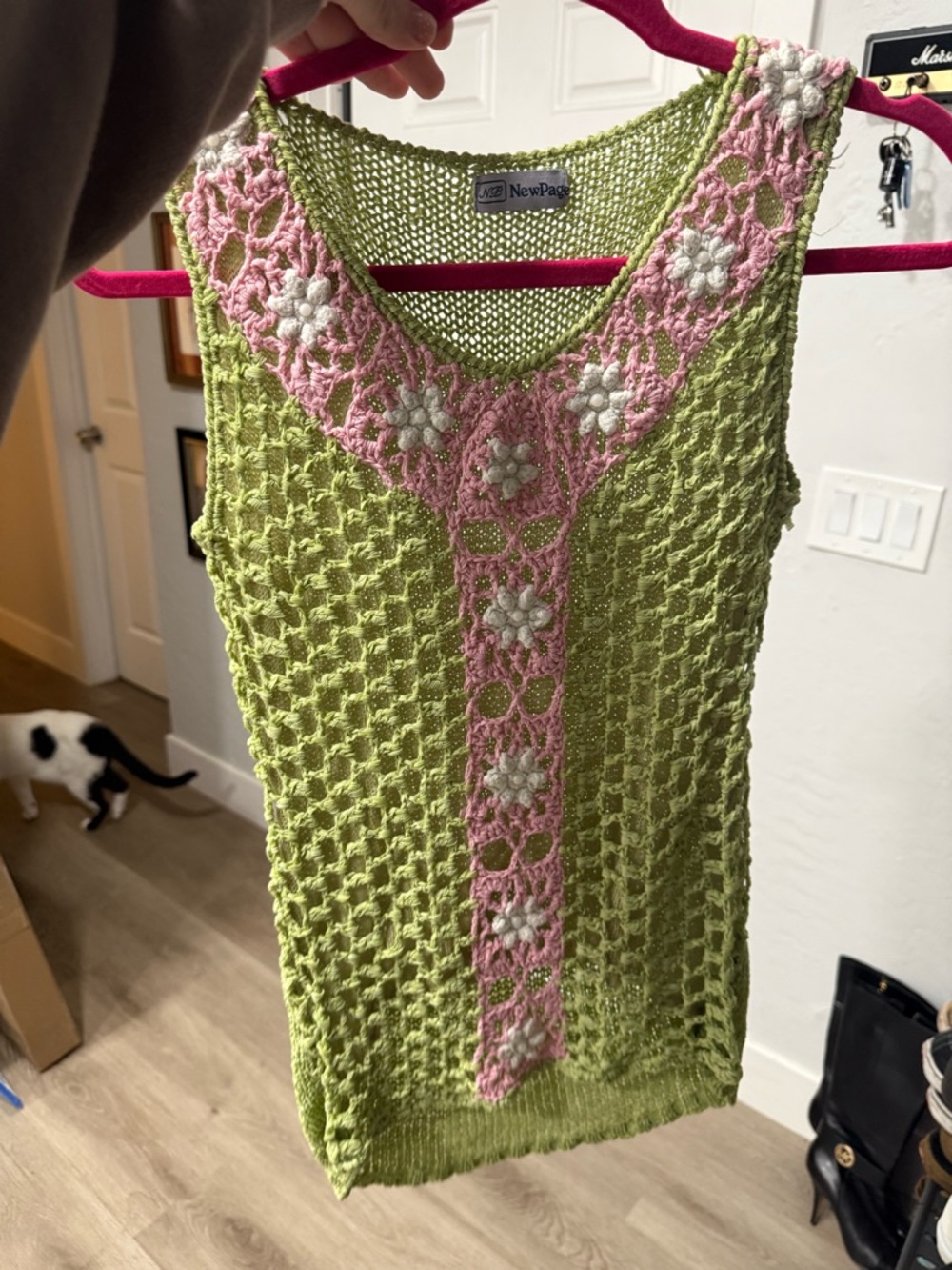 American Vintage Lime Green Crochet Tank with Pink Floral Trim